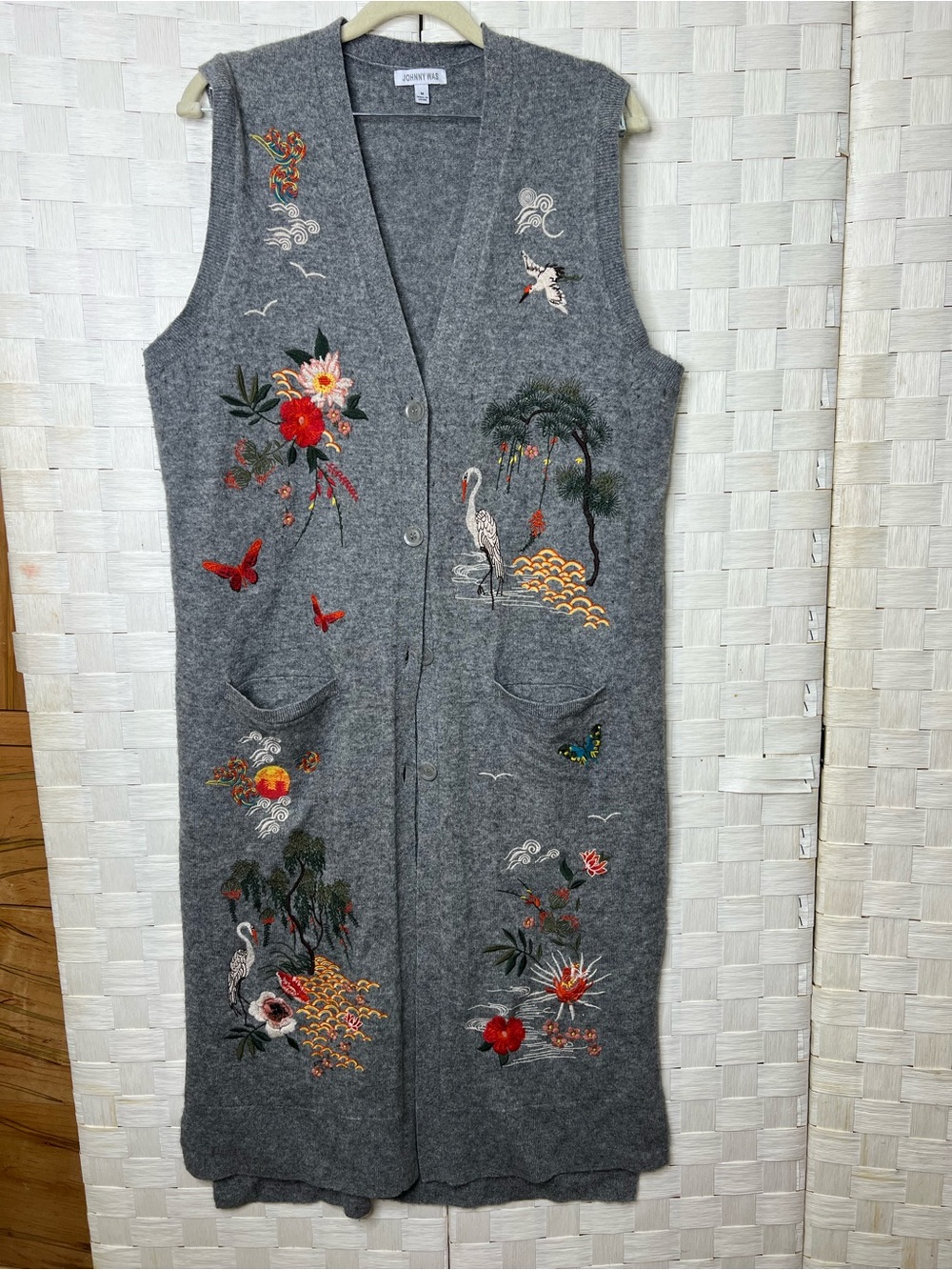 Johnny Was Gray Wool Cashmere Embroidered Long Sweater Vest Duster Cardigan (M) - Picture 1 of 16